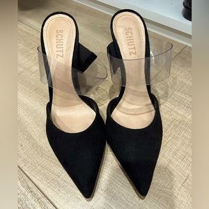 schutz women’s black suede plexi clear pumps dress heels stilettos 8.5
